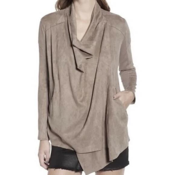 Blank NYC Women's Soft Faux Suede Drape Snap Moto Cardigan Jacket Waterfall Neck - Picture 2 of 14